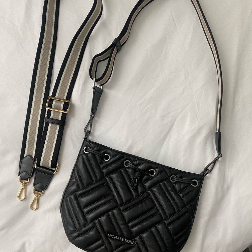 Michael Kors Black Quilted Crossbody Bag with Striped Strap